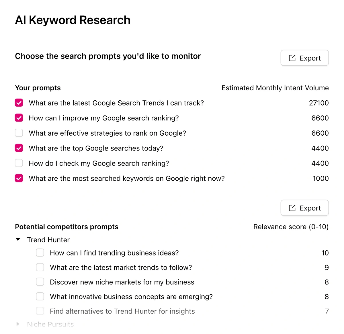 Prompt selection options in Otterly.ai based on traditional search keywords