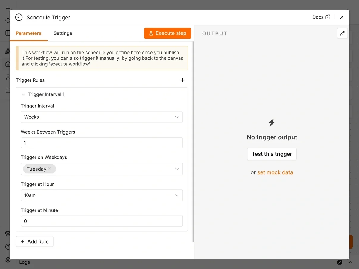 Schedule Trigger node configuration window in n8n