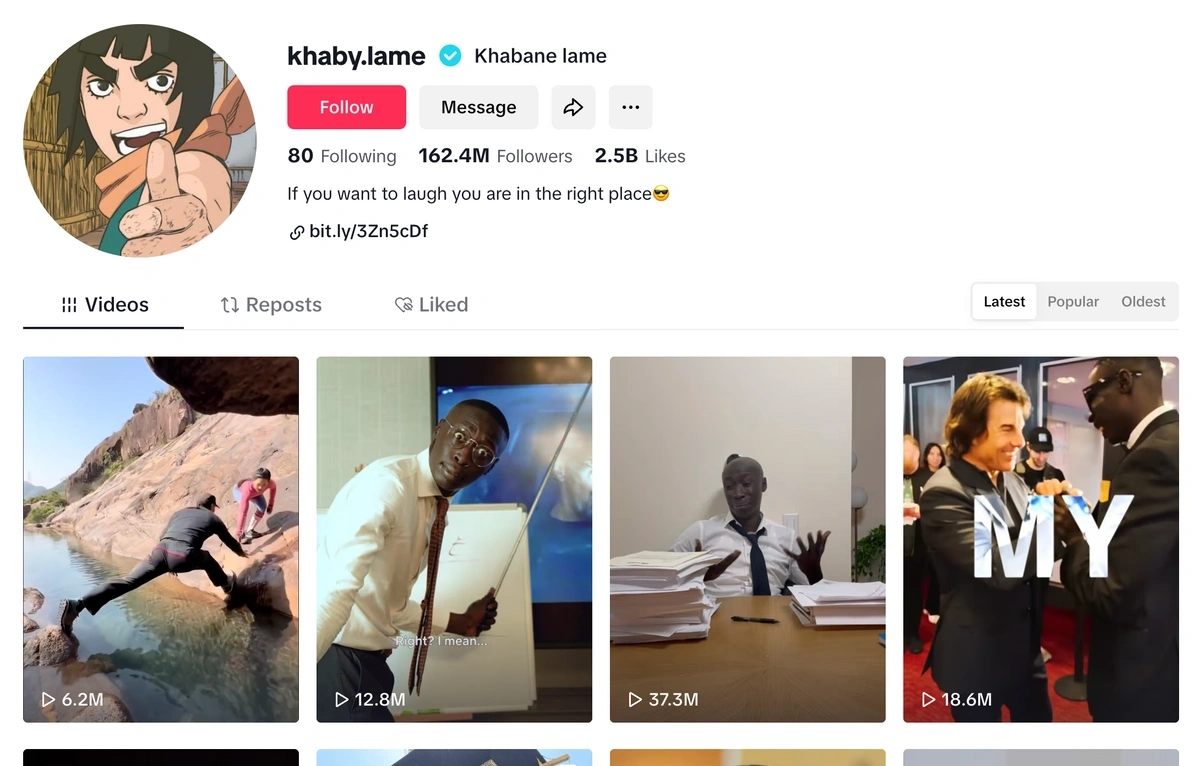 screenshot of Khaby Lame's TikTok page