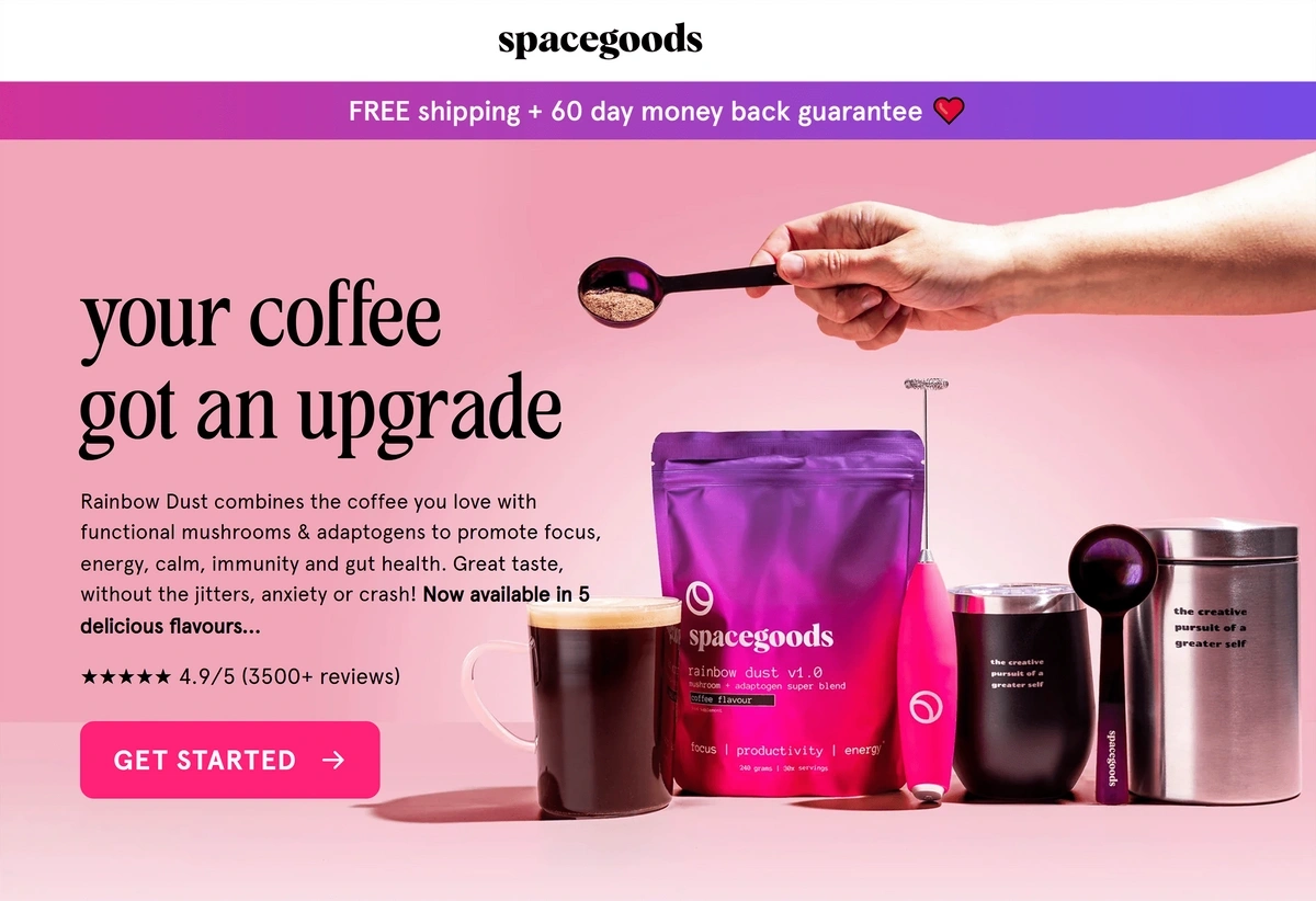 Image from the Spacegoods website showing three colored sachets of its mushroom coffee