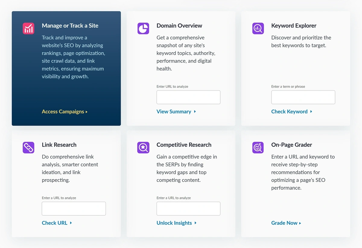 Six squares of text display information about Moz capabilities