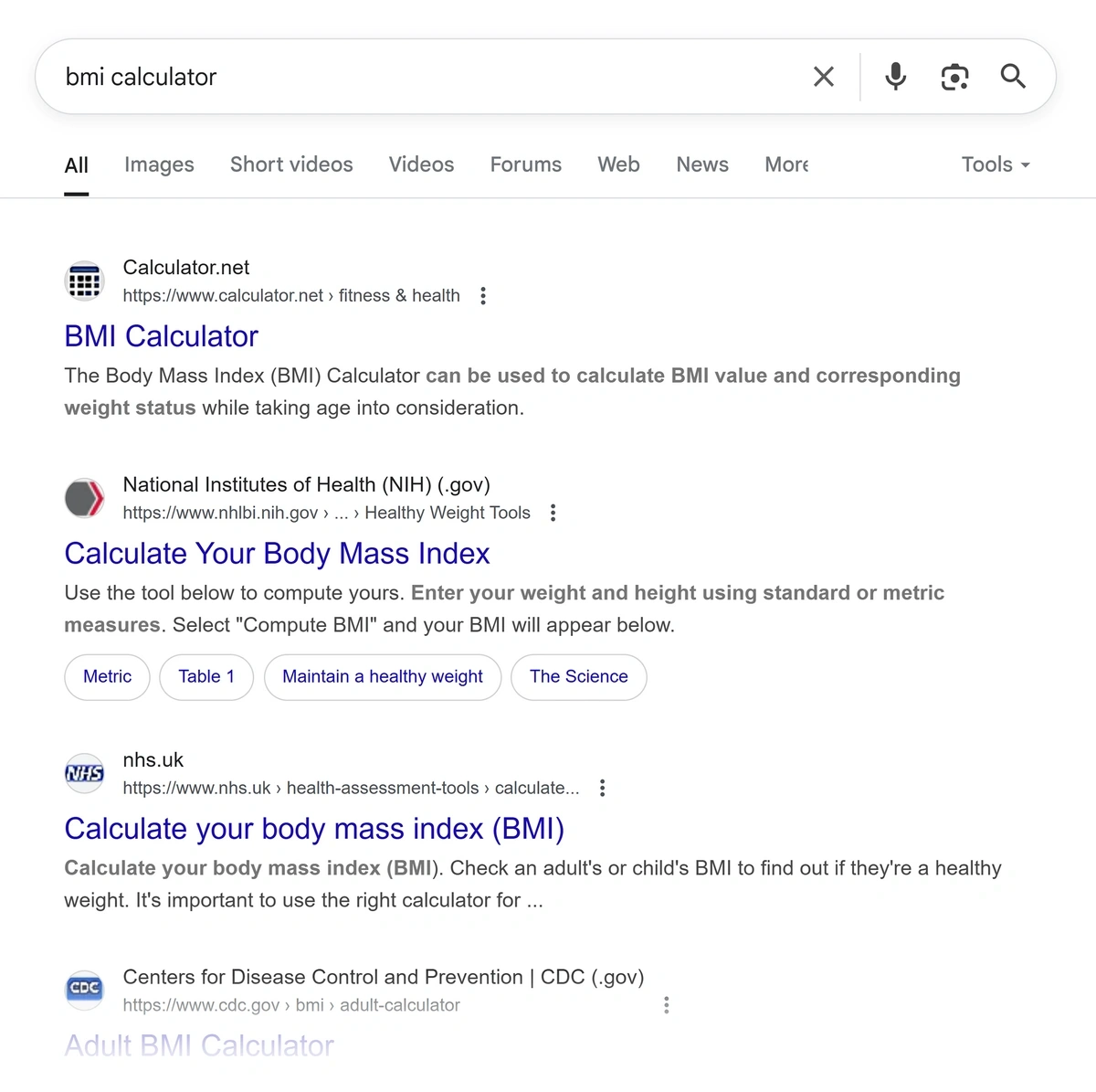 Top results on Google for the keyword "bmi calculator"
