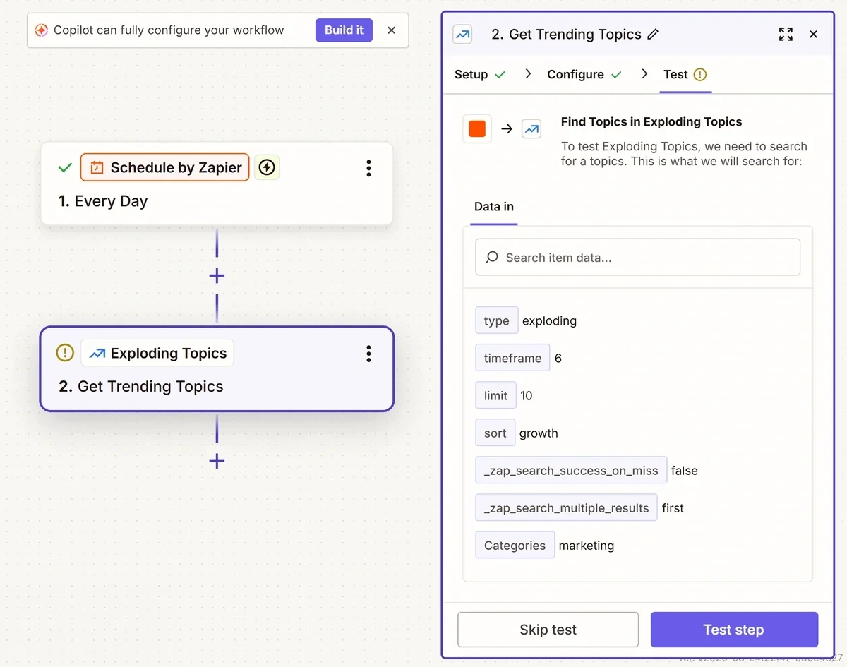 Test step option for Exploding Topics in the Zapier workflow builder