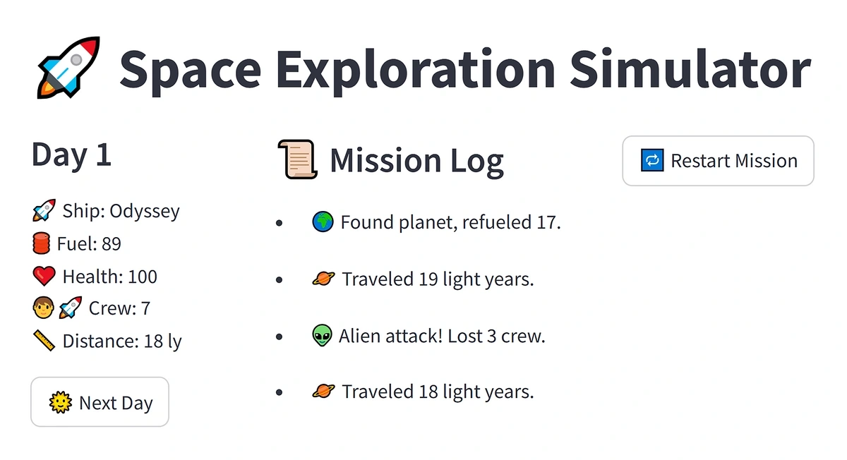 A simple graphical version of the space exploration scenario coded by ChatGPT