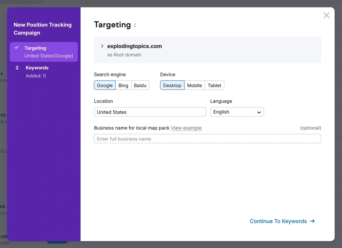 Settings for keyword tracking of an example domain