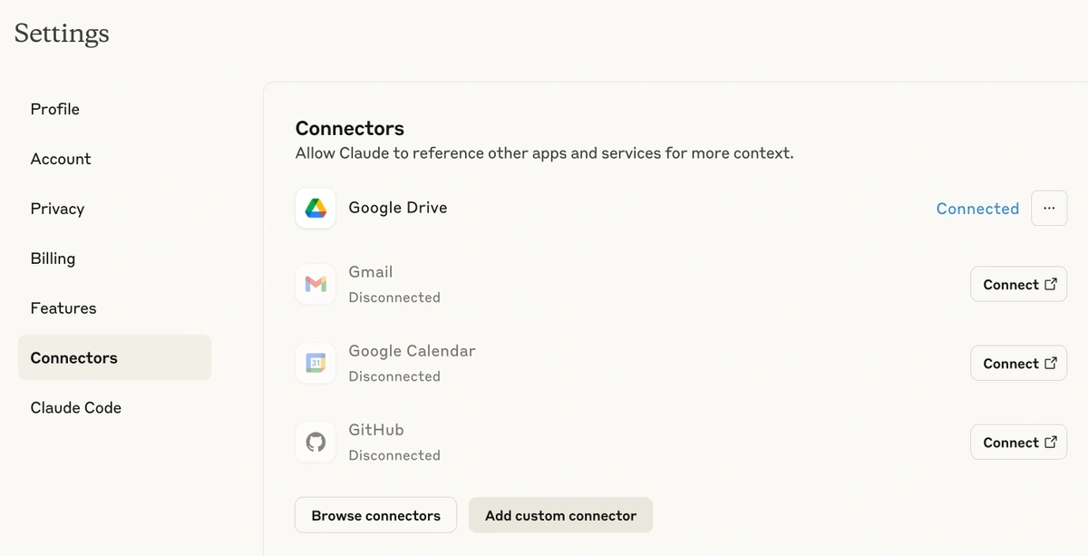 Connector settings in Claude