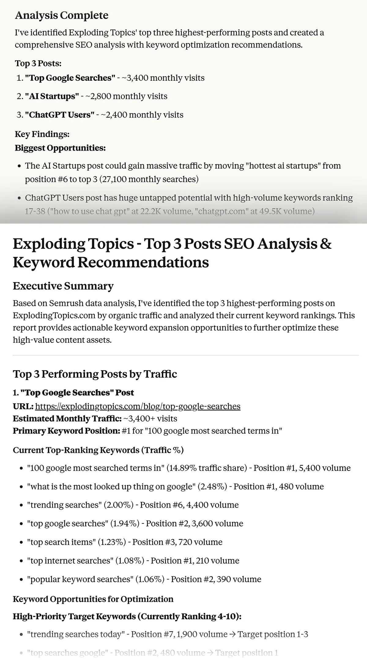 SEO MCP prompt response to find secondary keywords in Claude