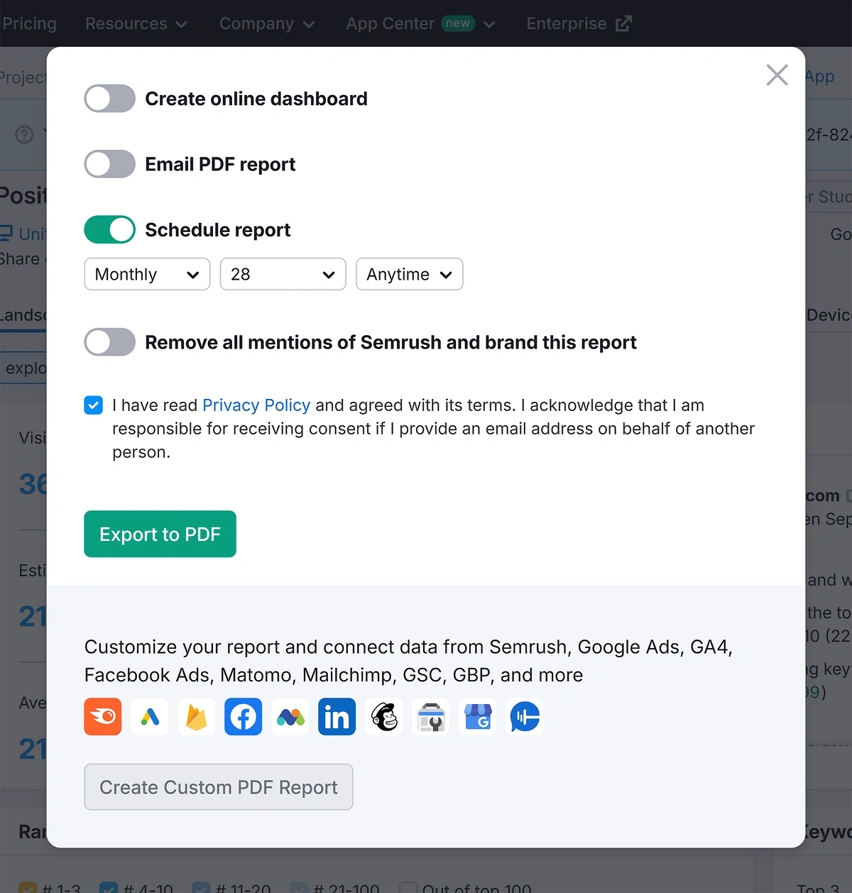 Semrush position tracking white label report settings