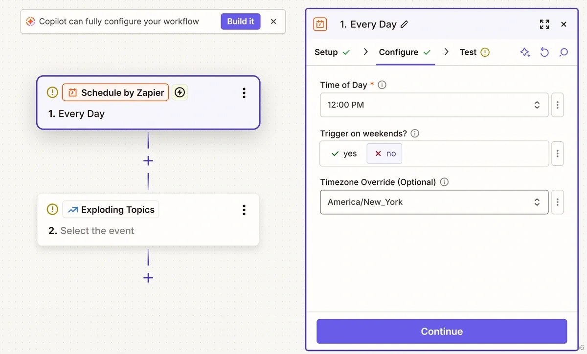 Configuring a workflow schedule in Zapier