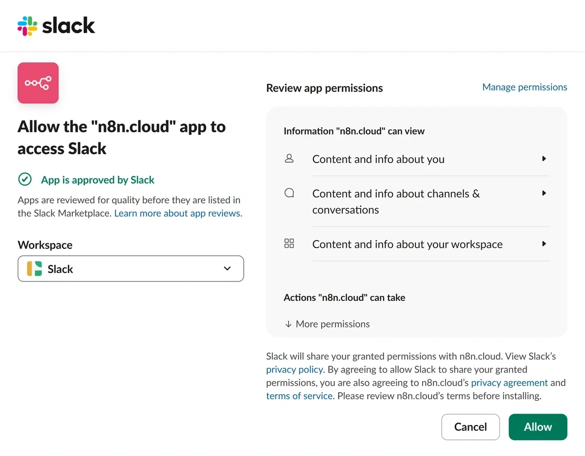 Granting n8n permissions for Slack
