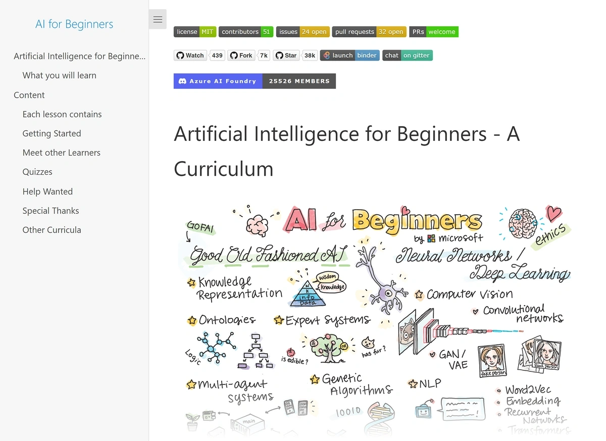Microsoft AI for beginners course homepage