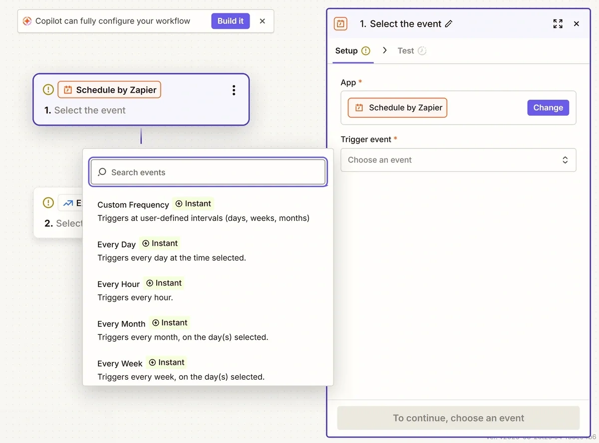 Setting the trigger event frequency in Zapier