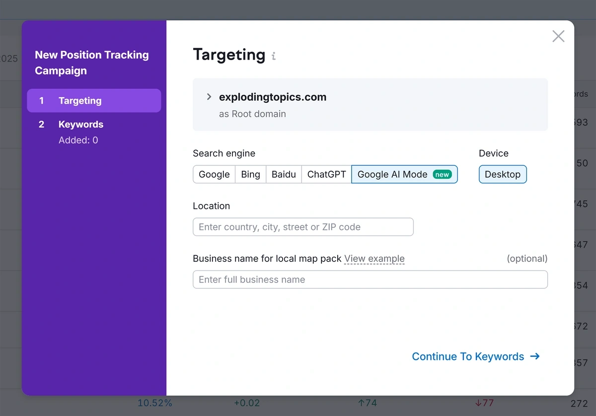 The Semrush position tracking tool with Google AI Mode selected as the target search engine
