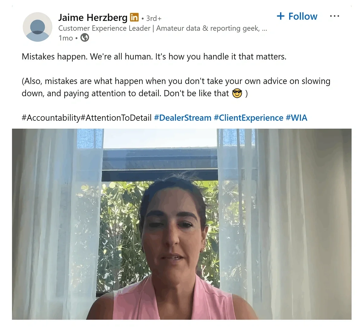 Thought leadership video on LinkedIn about learning from a mistake