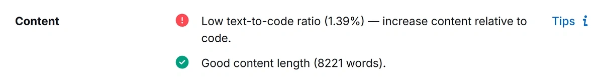 text-to-code ratio for an example URL