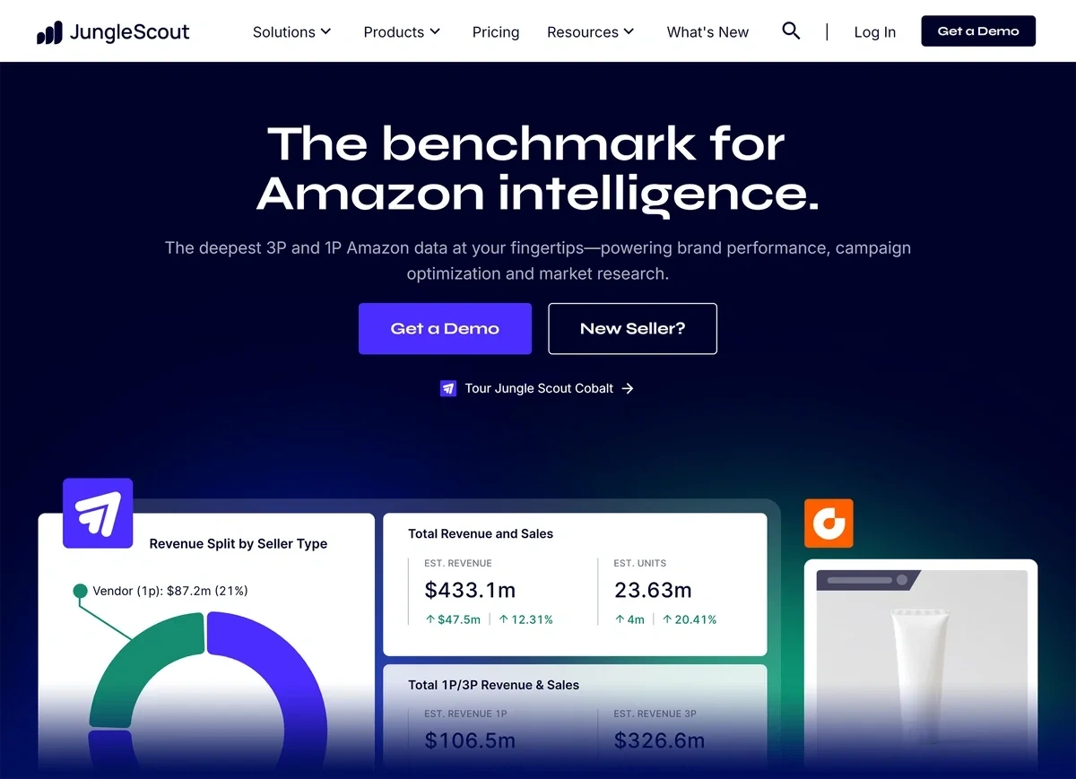 The dark blue JungleScout homepage says it's the benchmark for Amazon intelligence.