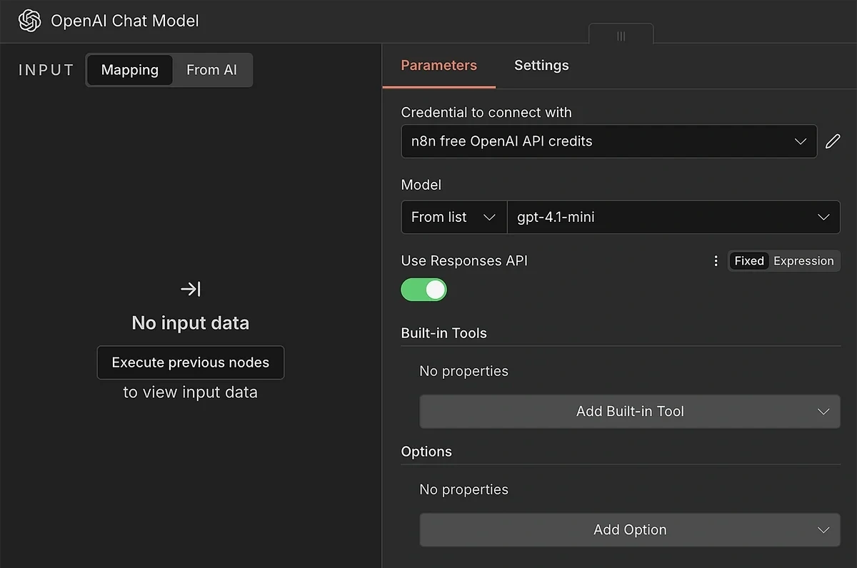 Parameter panel for the AI chat model