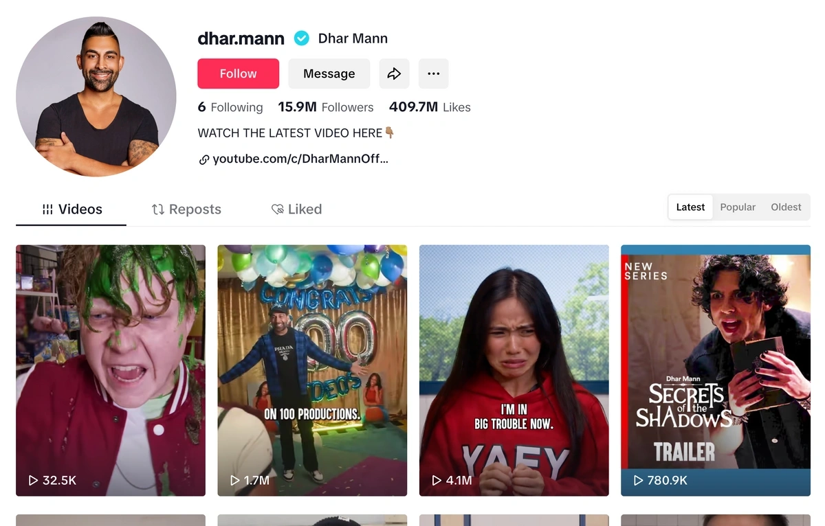 screenshot of Dhar Mann's TikTok page