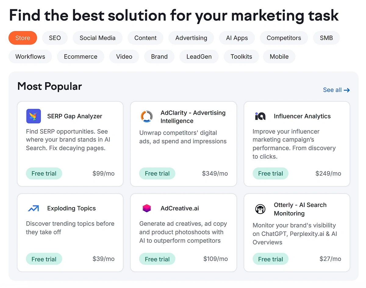 The Semrush App Center lists tools for AI SEO, advertising, influencer analytics, and more