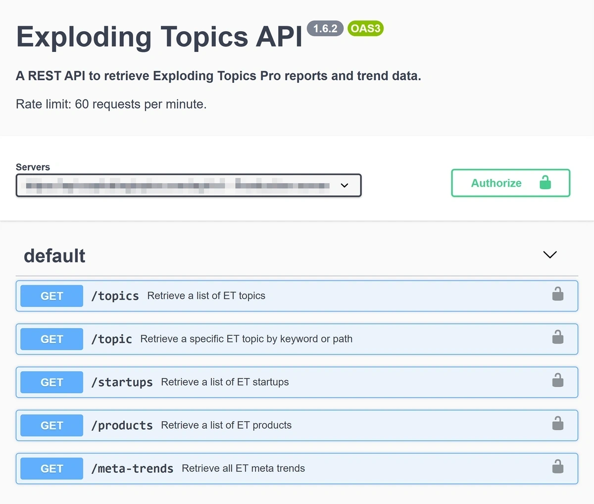 screenshot of Exploding Topics API
