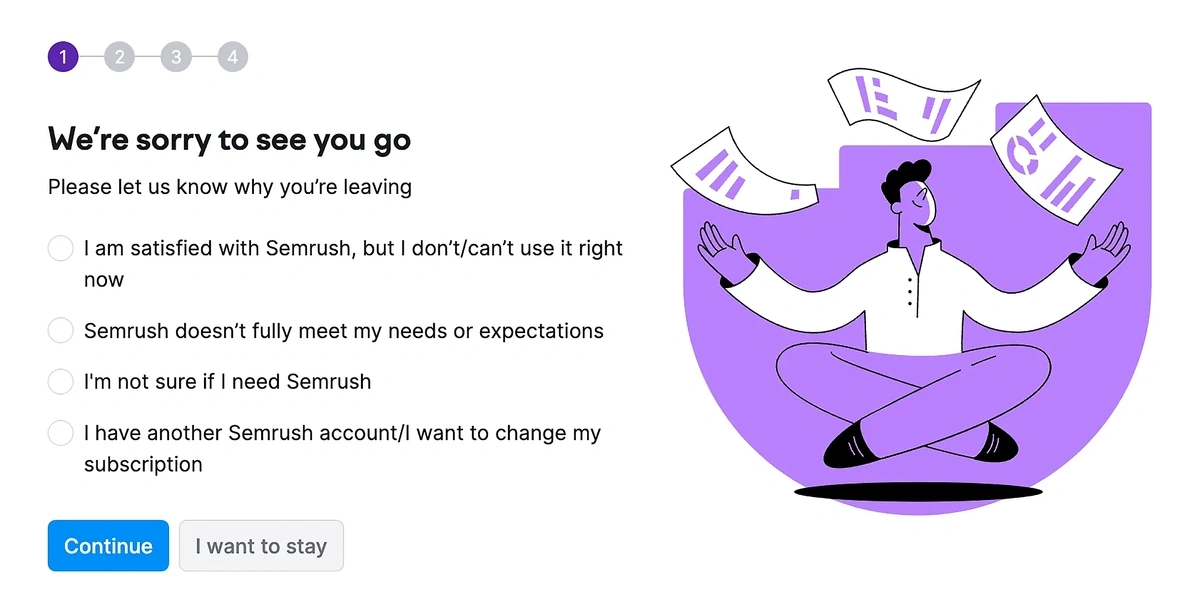 Cancelation survey form in Semrush