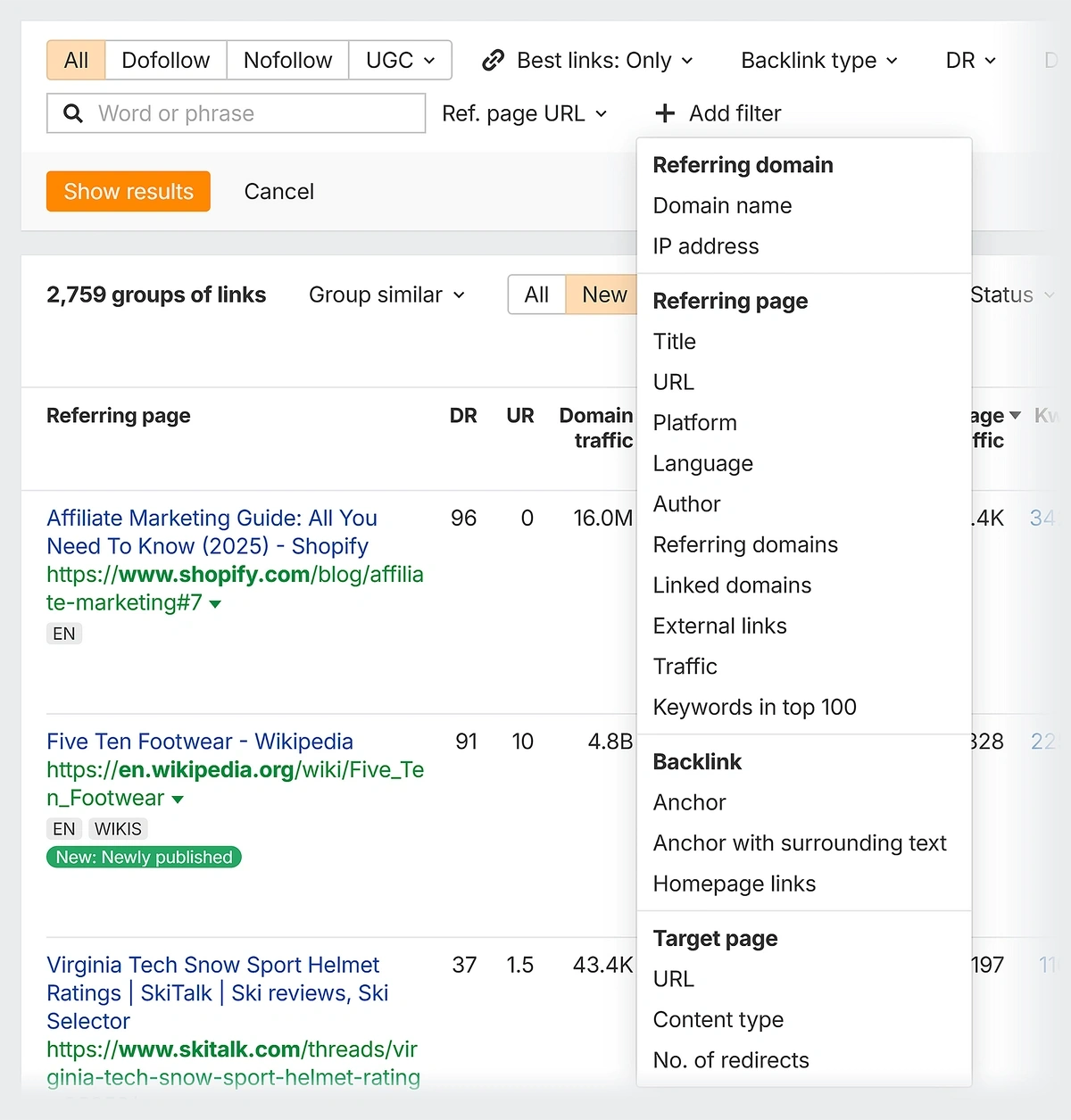 ahrefs backlinks filters