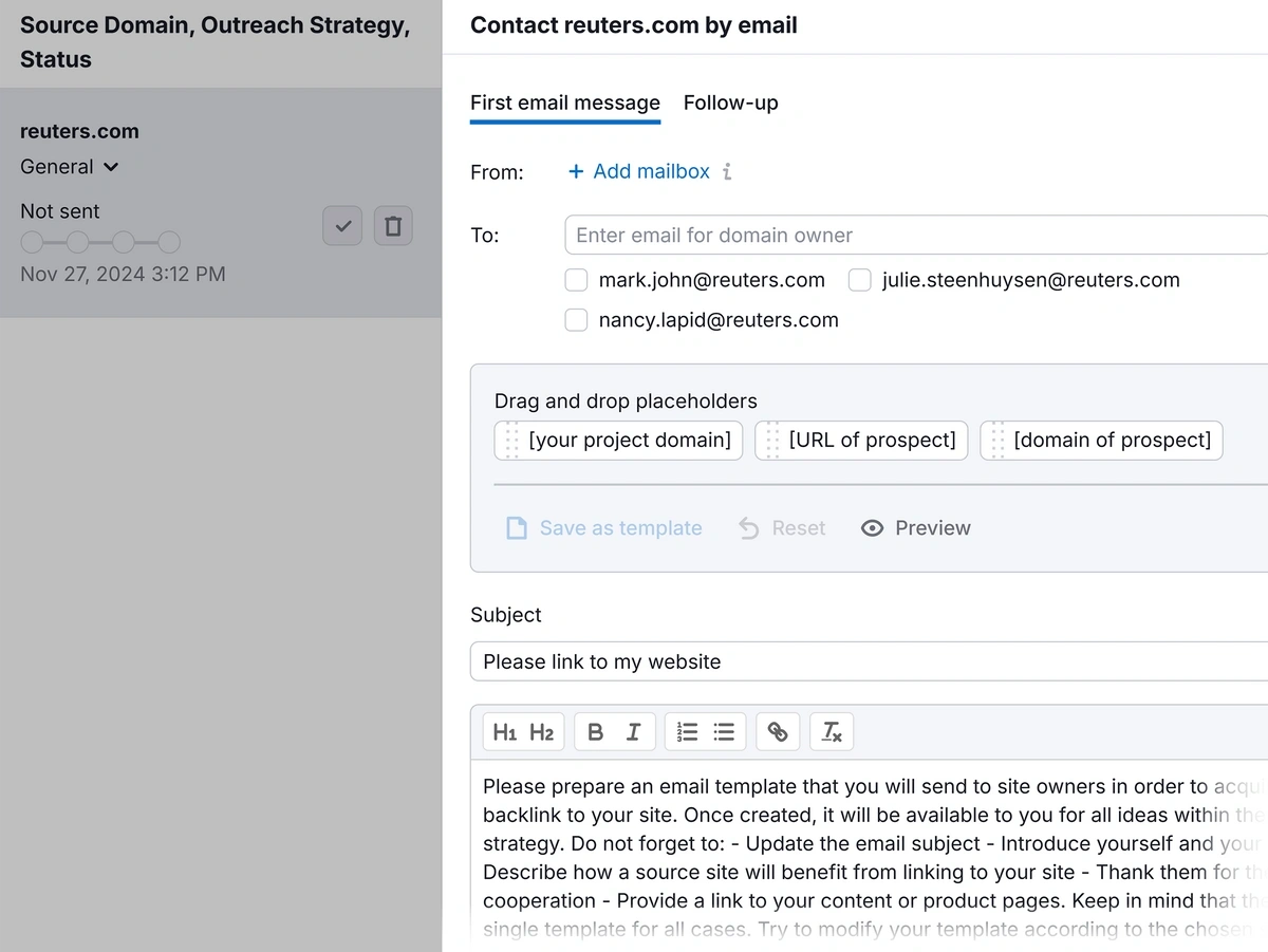 Emailing a link building prospect in Semrush