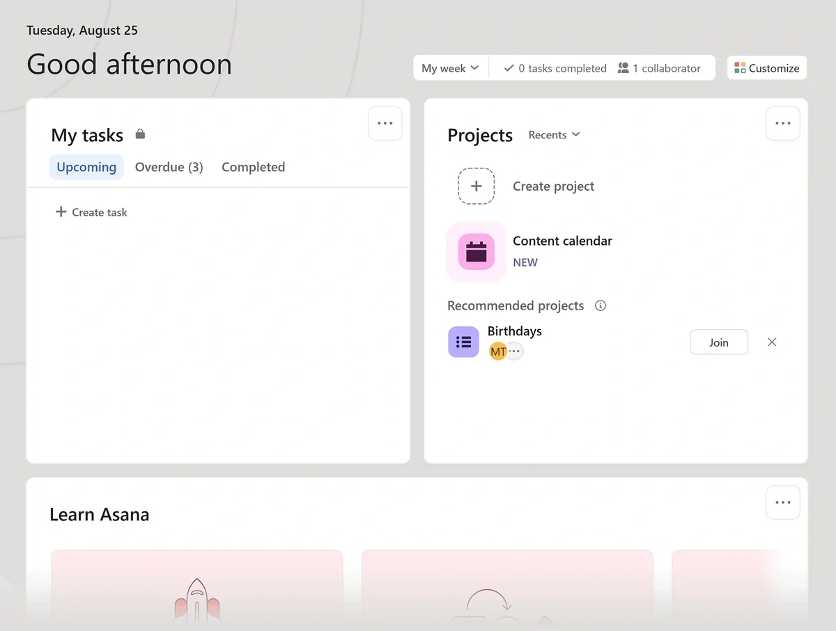 The Asana home screen with create project buttons highlighted