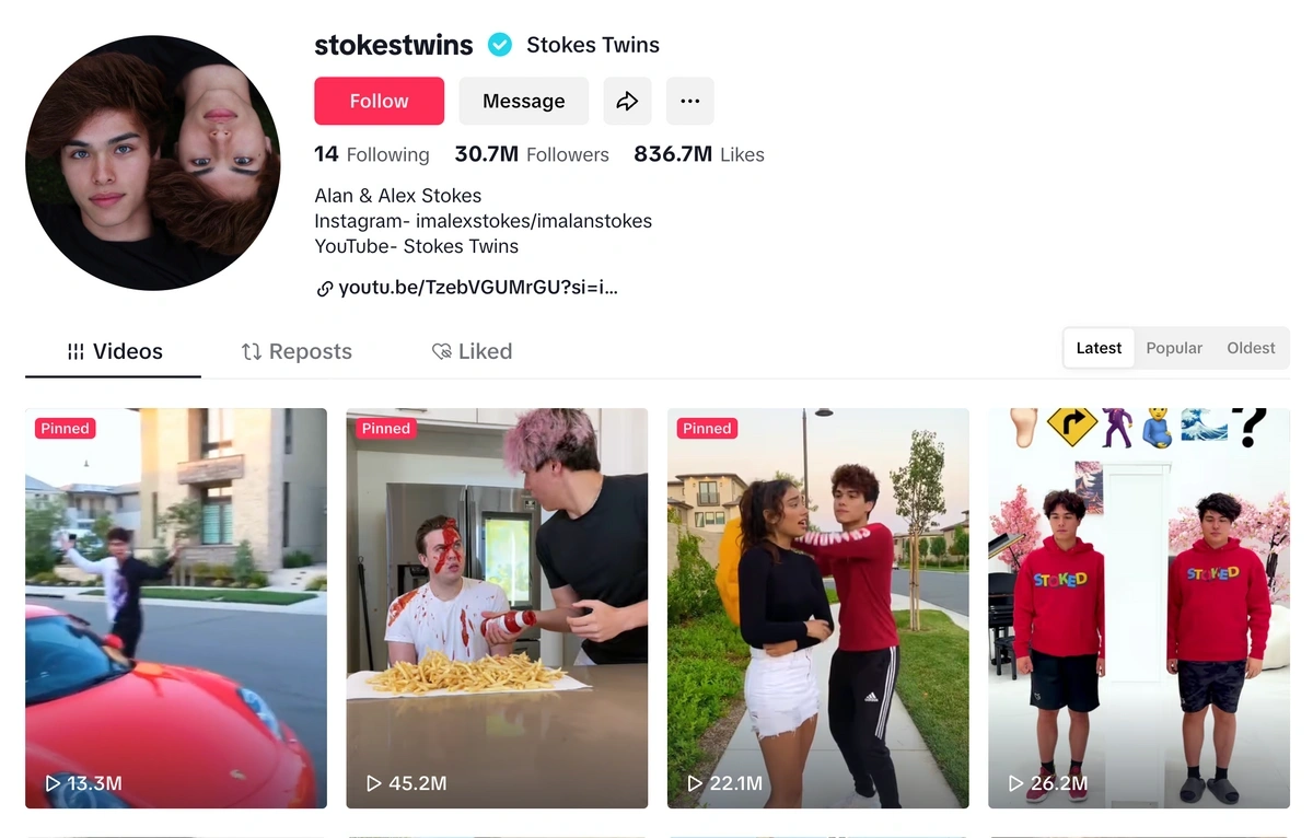 screenshot of the Stokes Twins' TikTok page