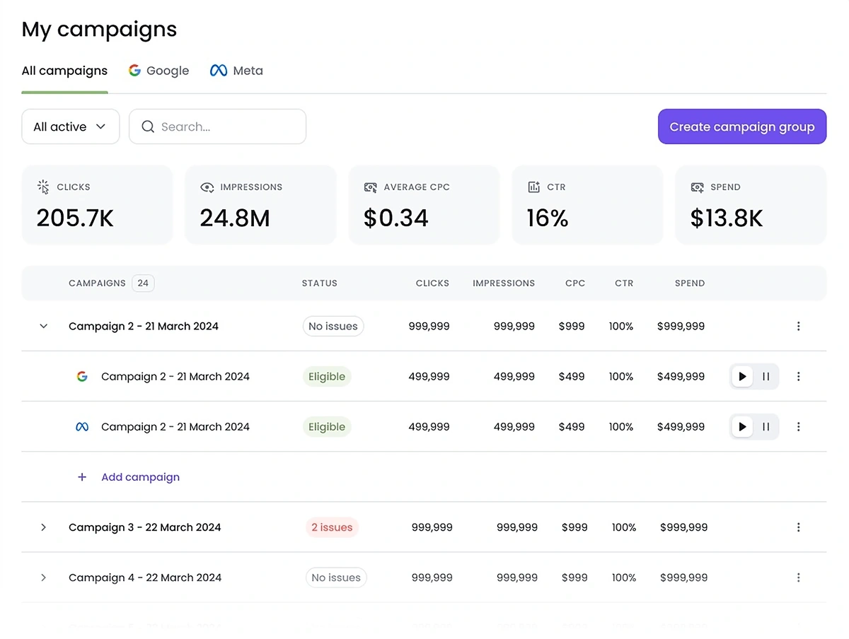 My Campaigns view in Semrush Ads Launch Assistant