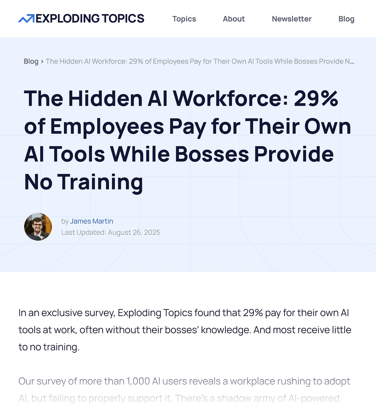 Exploding Topics AI research blog post
