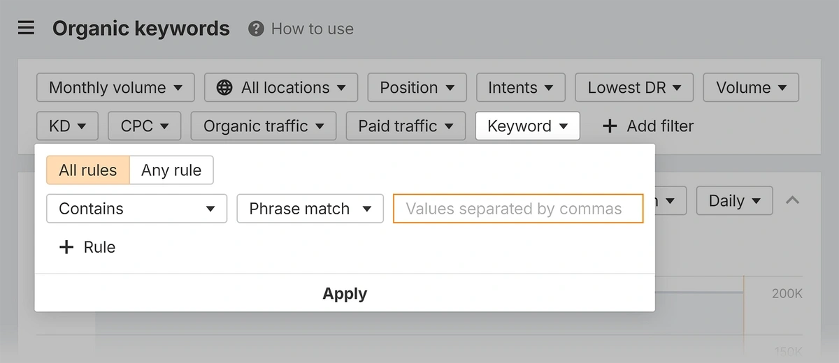 ahrefs organic keywords add filter