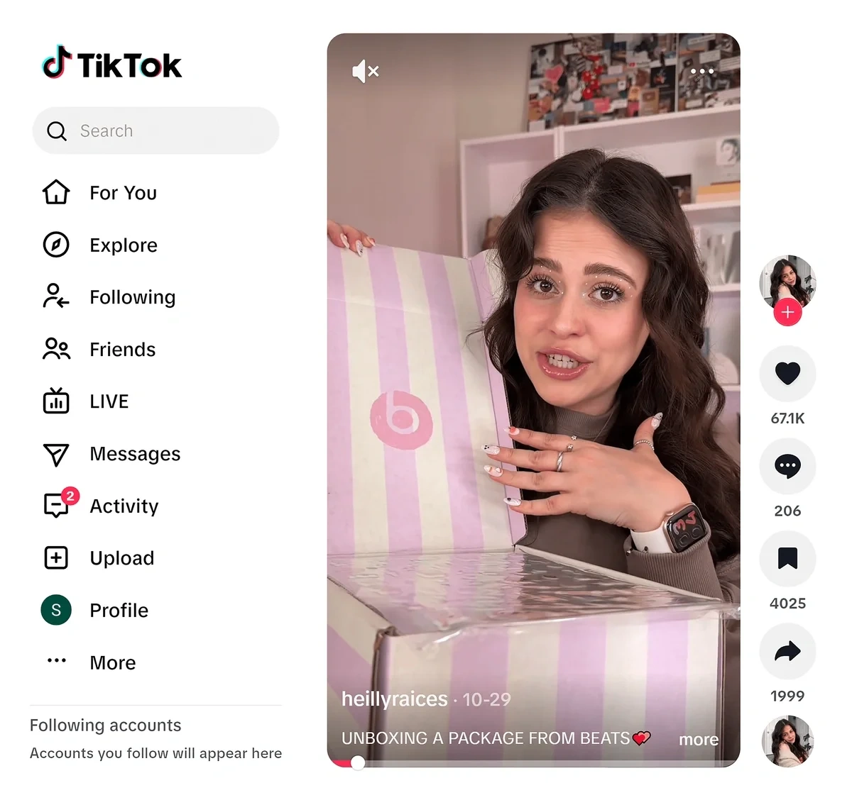 A TikTok unboxing video with a creator opening a Beats package
