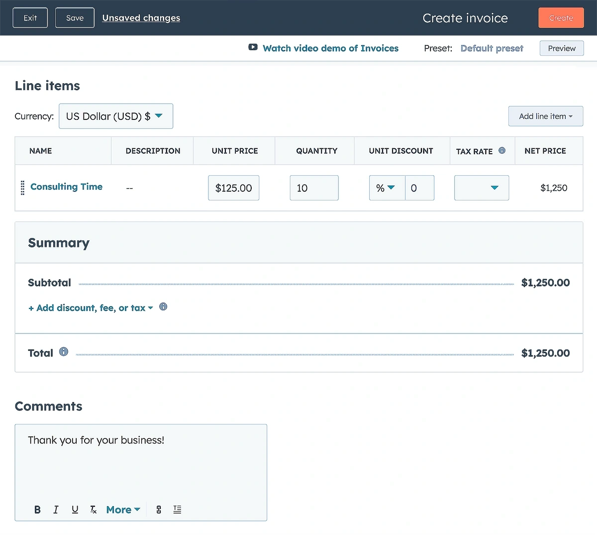 The HubSpot invoice builder shows editing fields for service type, amount, and quantity