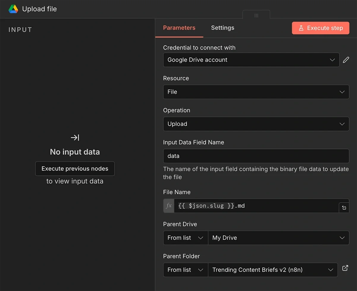 Parameter panel for Google Drive file upload action