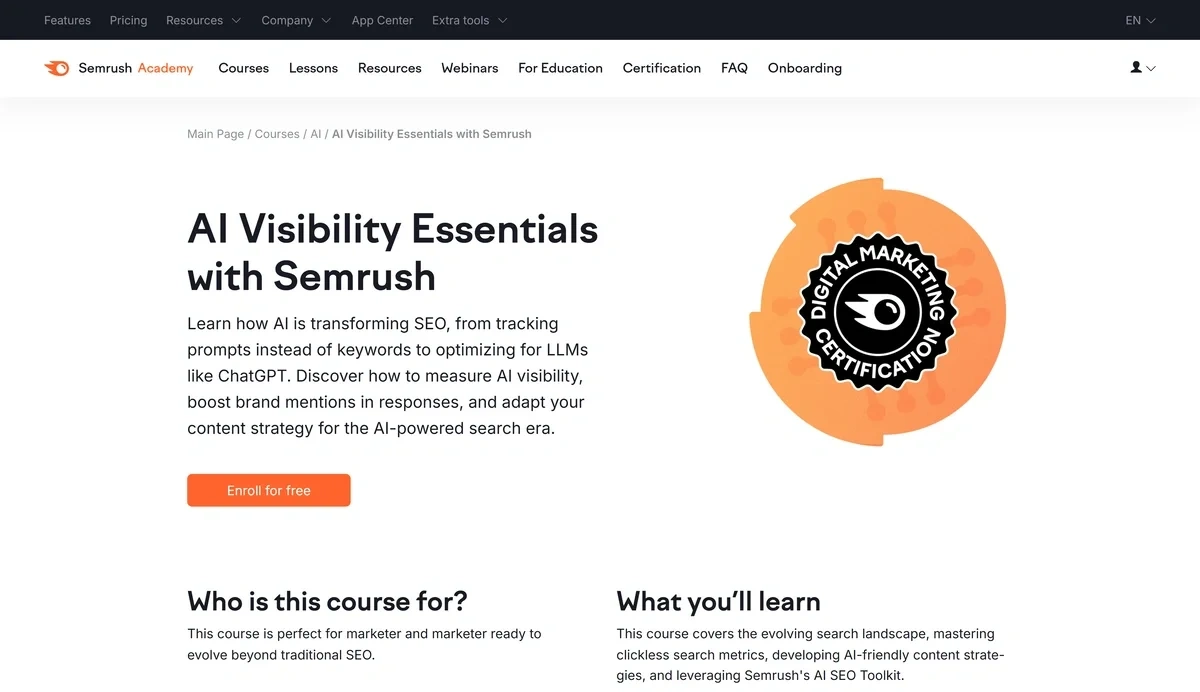Enrolment page for AI Visibility Essentials with Semrush