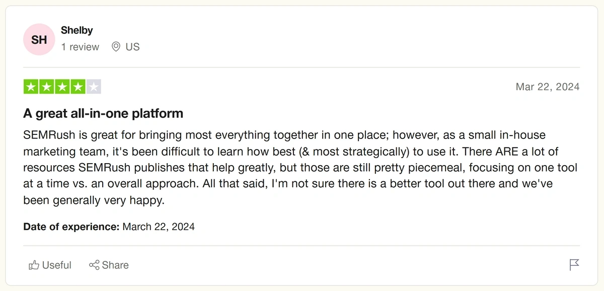 Example of a TrustPilot review for Semrush
