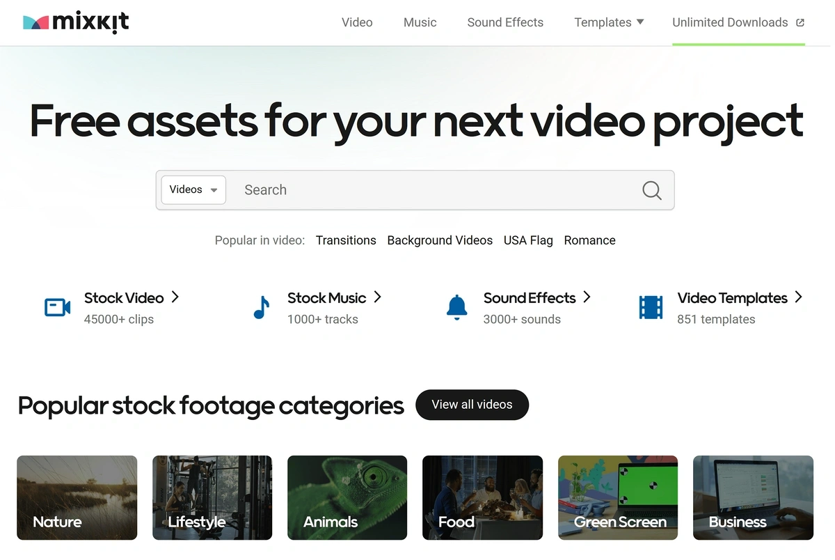 The Mixkit homepage advertises free assets for your next project