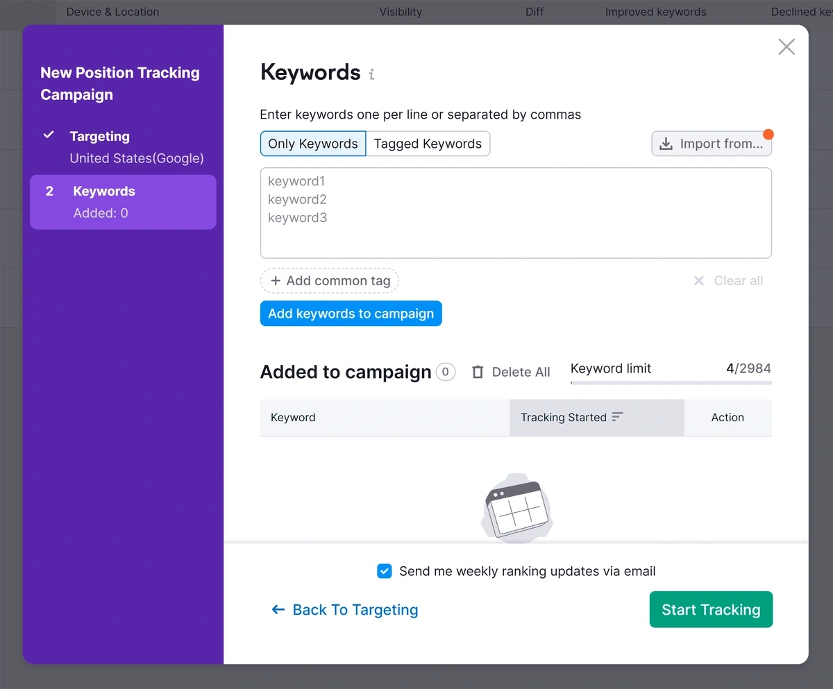 Semrush position tracking keyword list