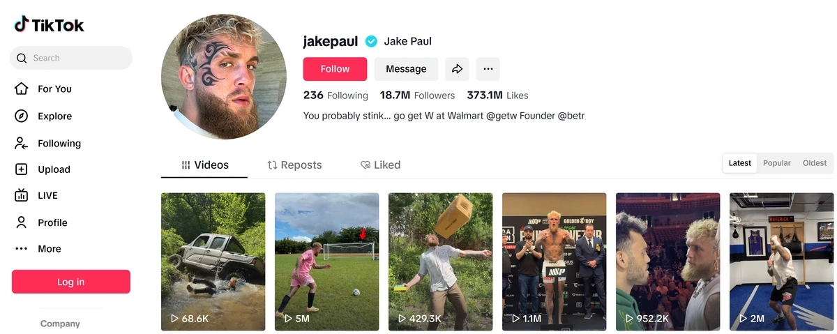 Screenshot of Jake Paul's TikTok page