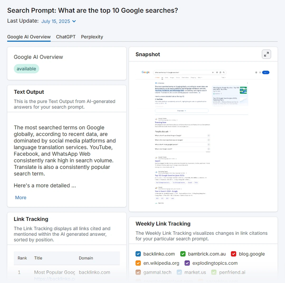 Otterly.ai results for a search prompt shown inside of Semrush
