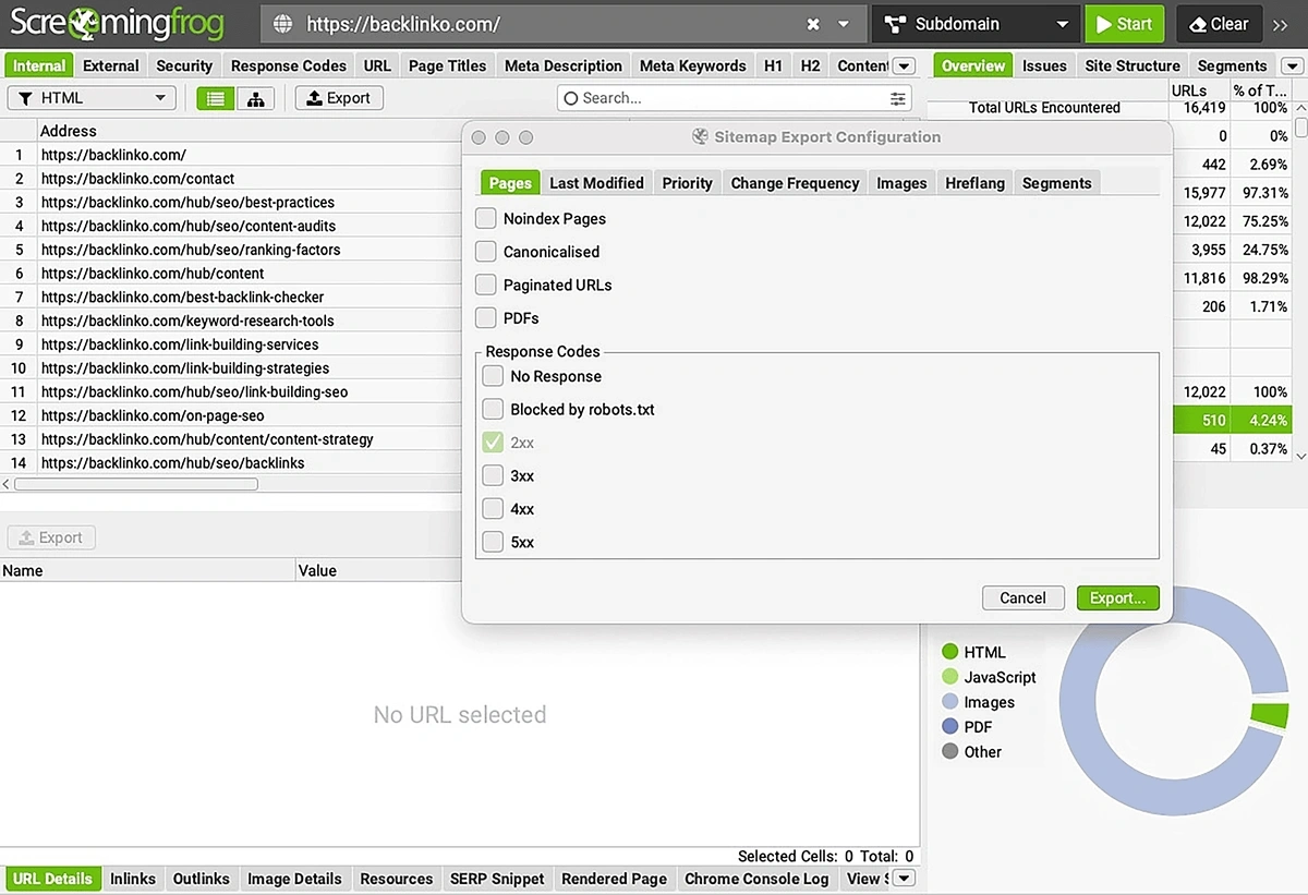 A gray and green interface from Screaming Frog