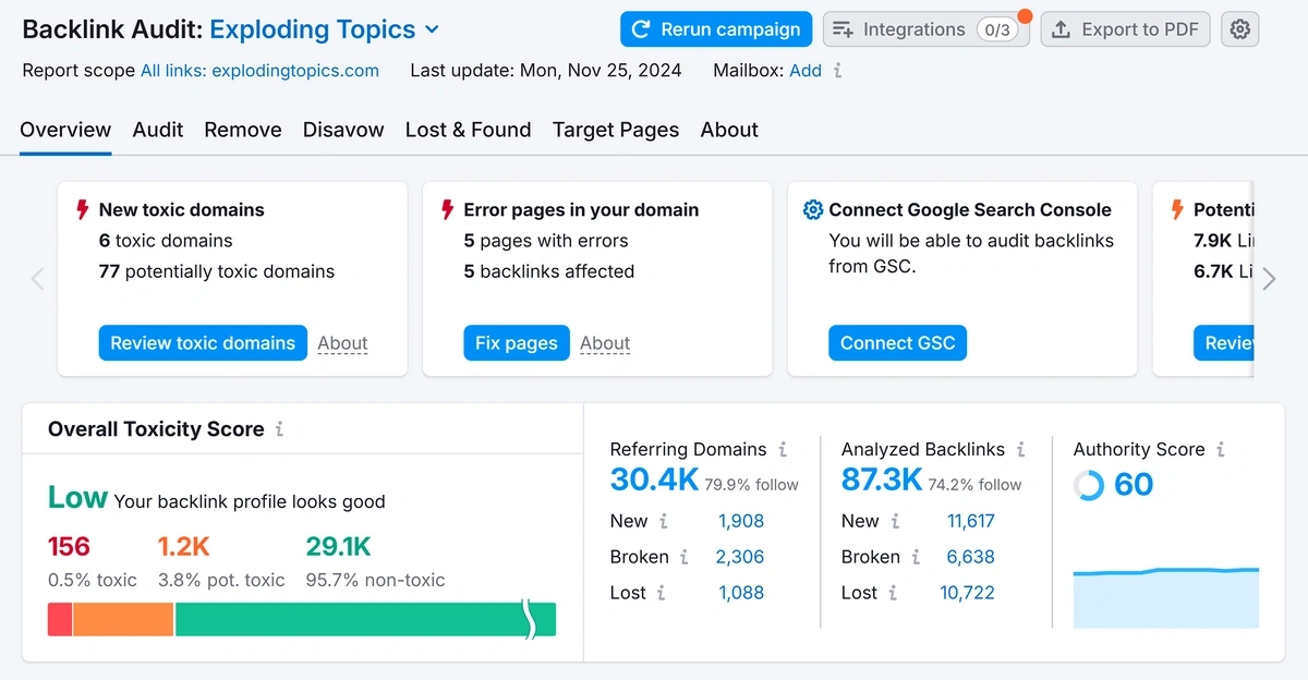 Viewing lost and found backlinks in Semrush Backlink Audit