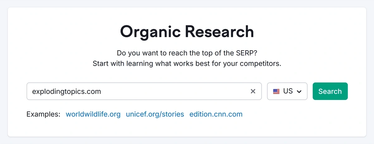 Entering a domain to analyze a domain in Semrush Organic Research Tool