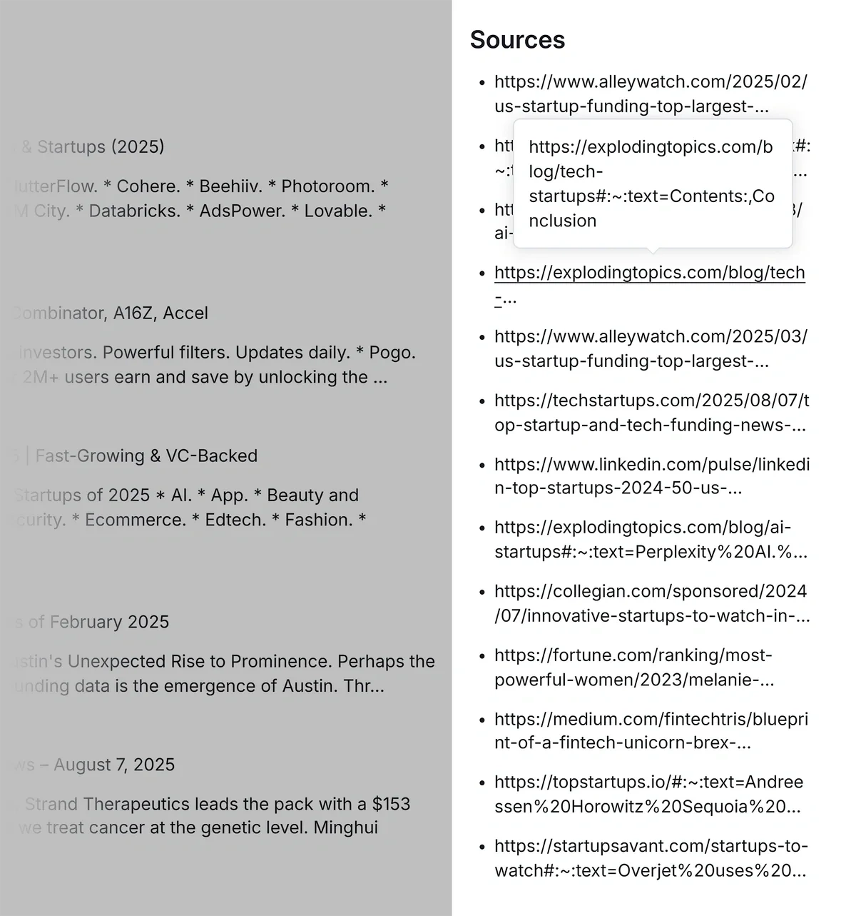 List of all source links cited in an AI response to a prompt