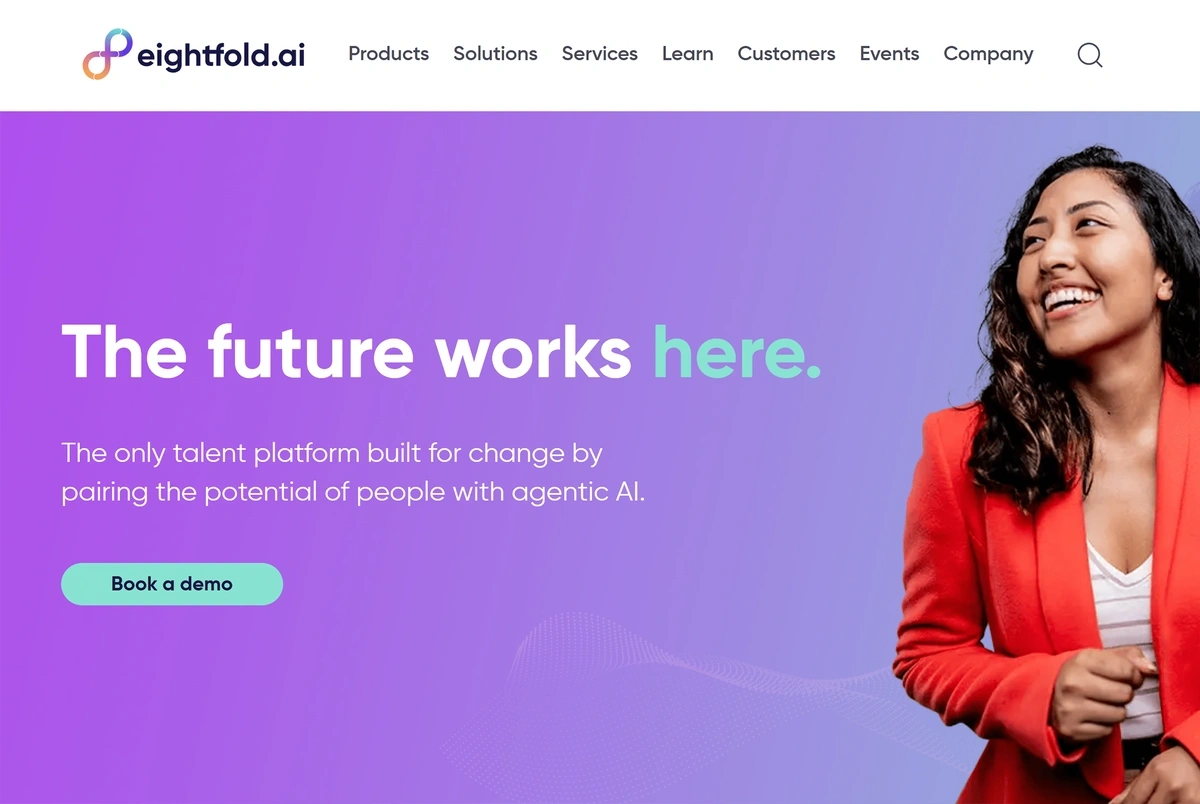 The Eightfold.ai homepage advertises that “the future works here” next to a photo of a woman in business casual clothing