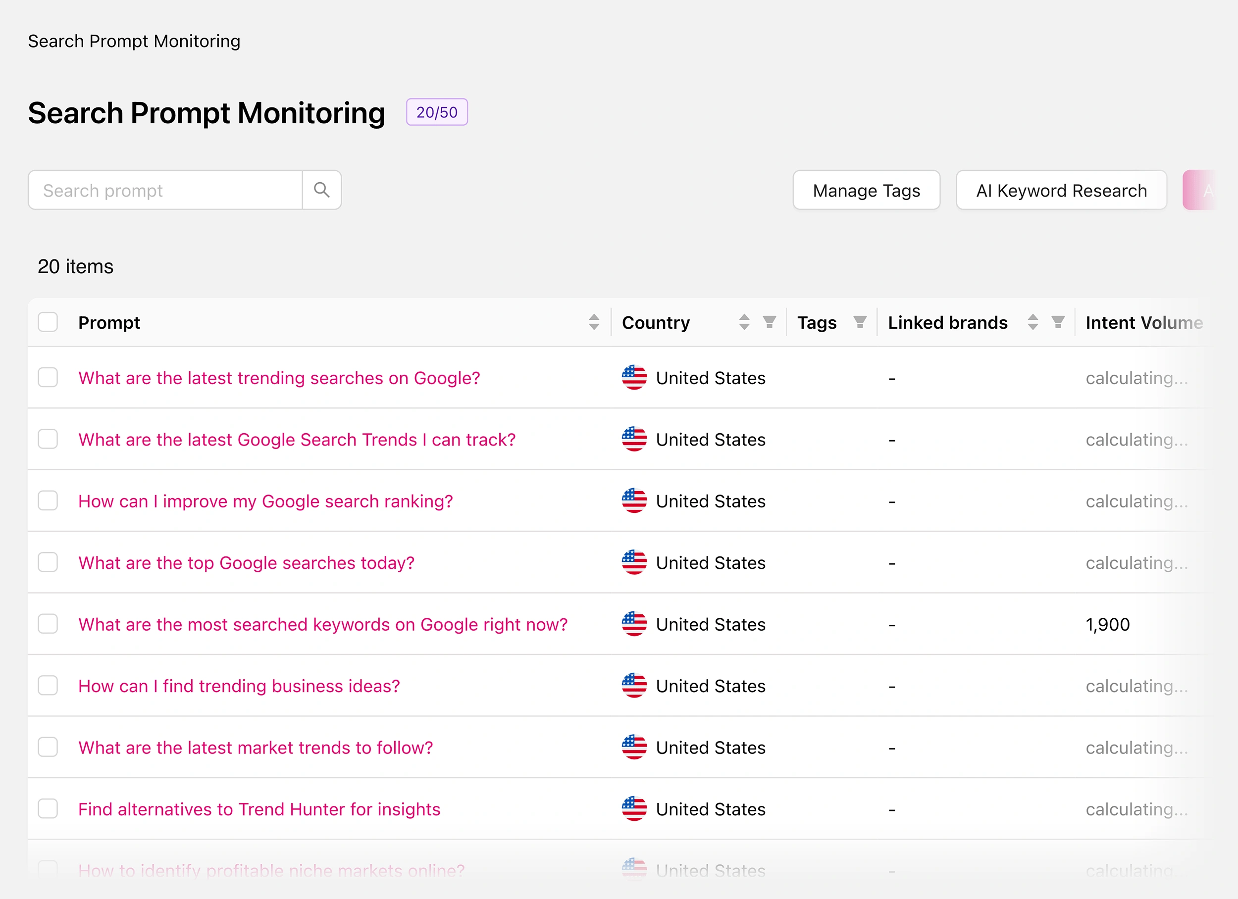 An Otterly.ai prompt monitoring list