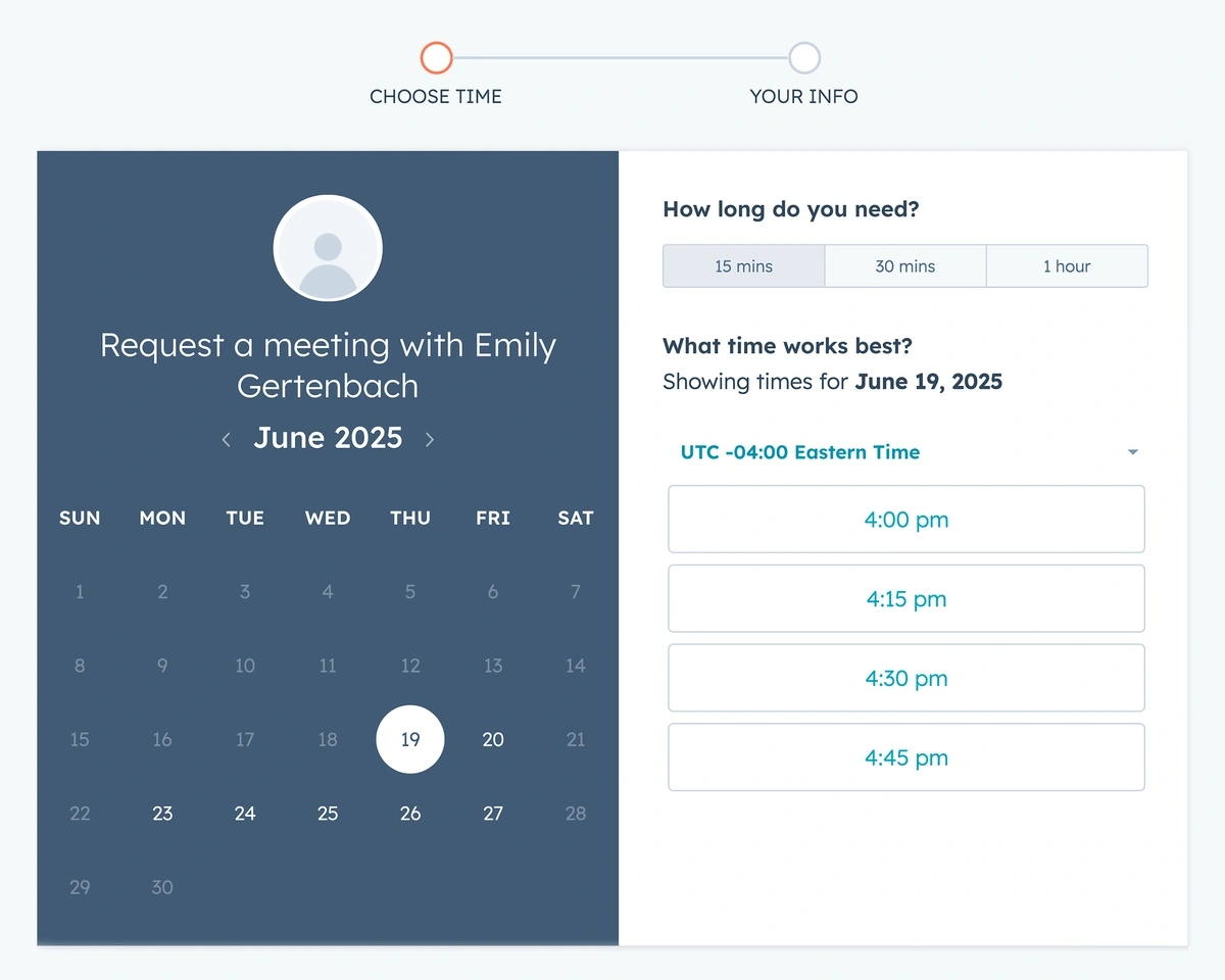A HubSpot meeting scheduler page lists four different meeting times