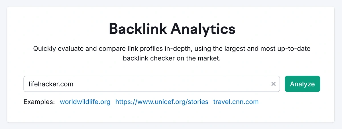 Searching for a domain in Semrush backlink analytics