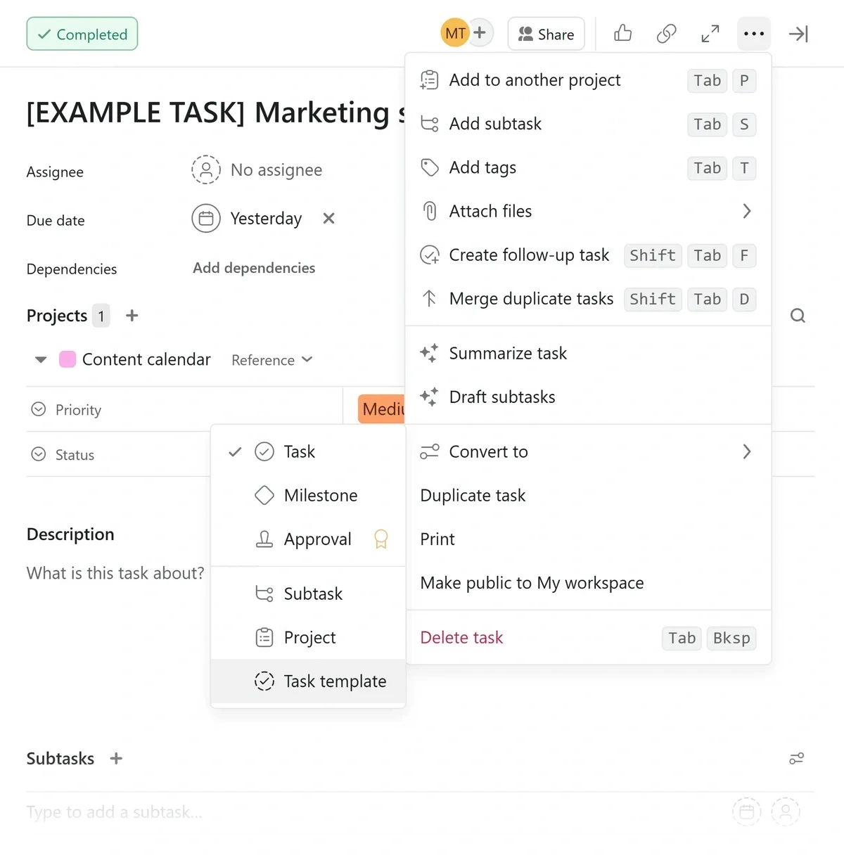 Converting an Asana task into a task template